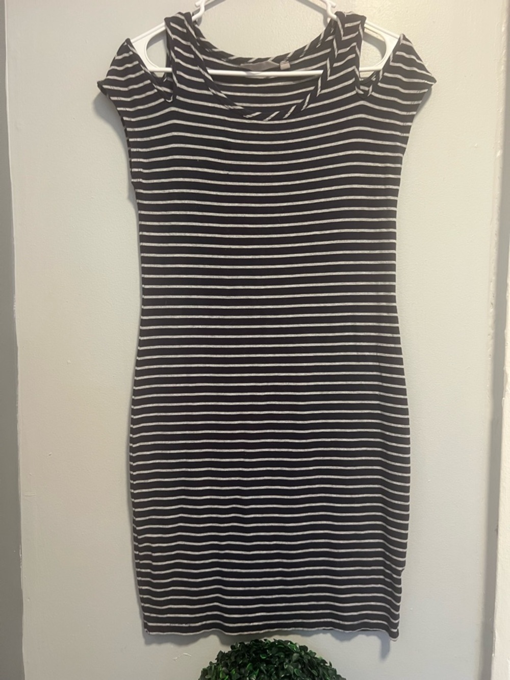 Athleta Black & White Striped Cold-Shoulder Mini Dress
